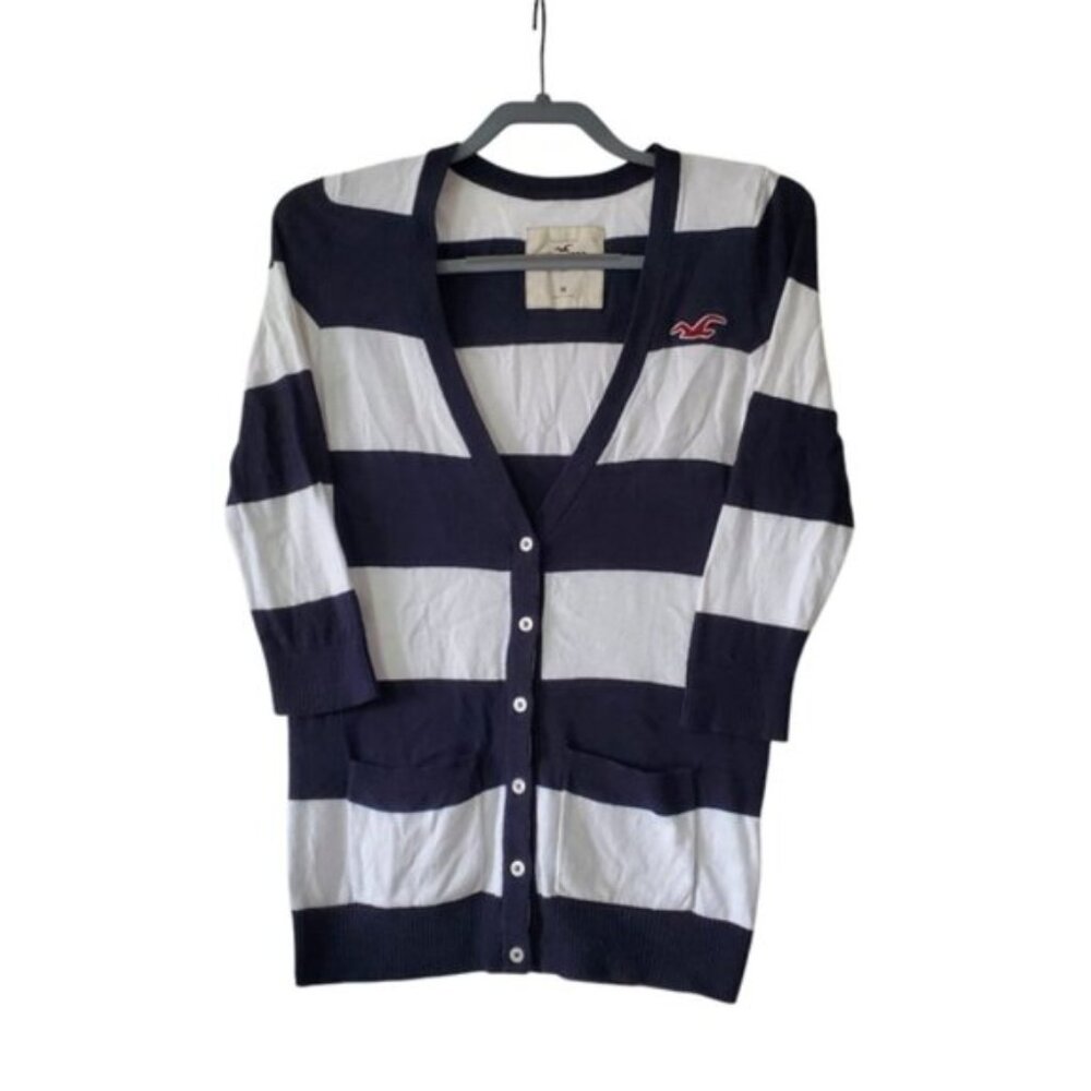 Hollister 2000s Y2K Preppy Academia Striped V-Neck Cardigan M - Picture 2 of 9